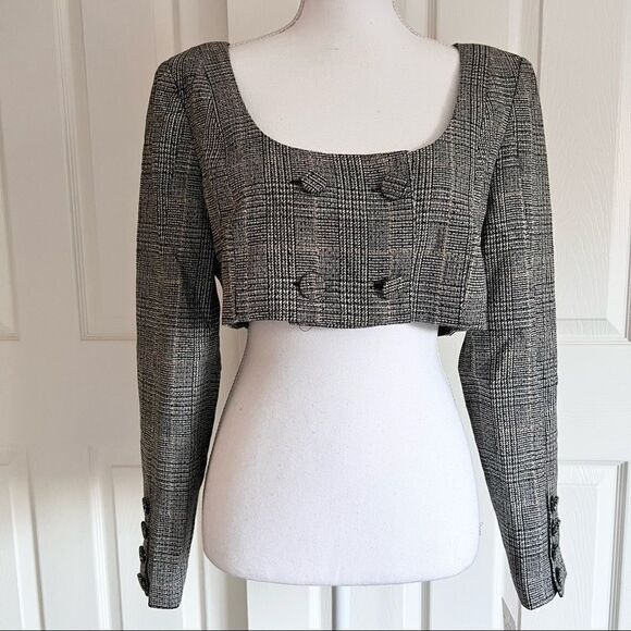 For Love & Lemons Frankie Plaid Crop Top Grey Wool Blend Large MSRP $189 - Picture 5 of 10